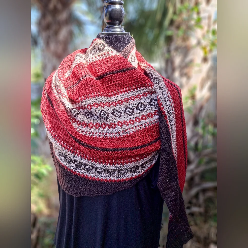 Hand Knitted Shawl One of a Kind Elegant Red Beige Coffee Brown Merino Wool - Picture 3 of 15